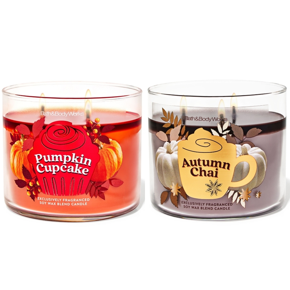 Bath & Body Works Pumpkin Cupcake and Autumn Chai 3-Wick Candle Set NEW Rare